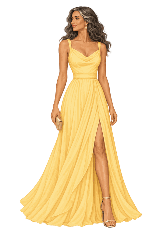 Vestido amarillo de estilo fluido.
