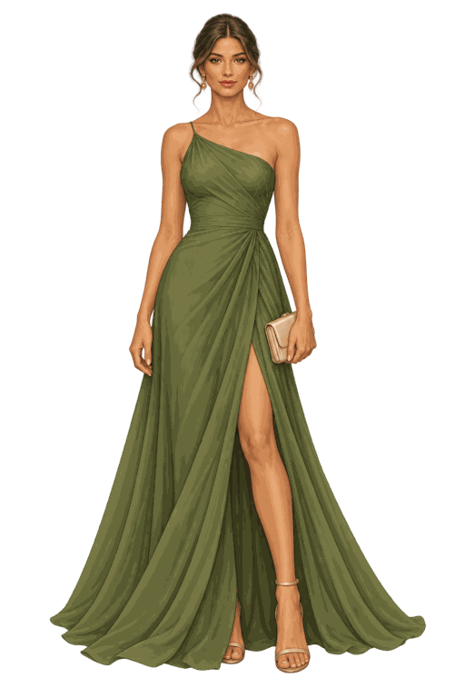 Vestido oliva con un estilo asimétrico.