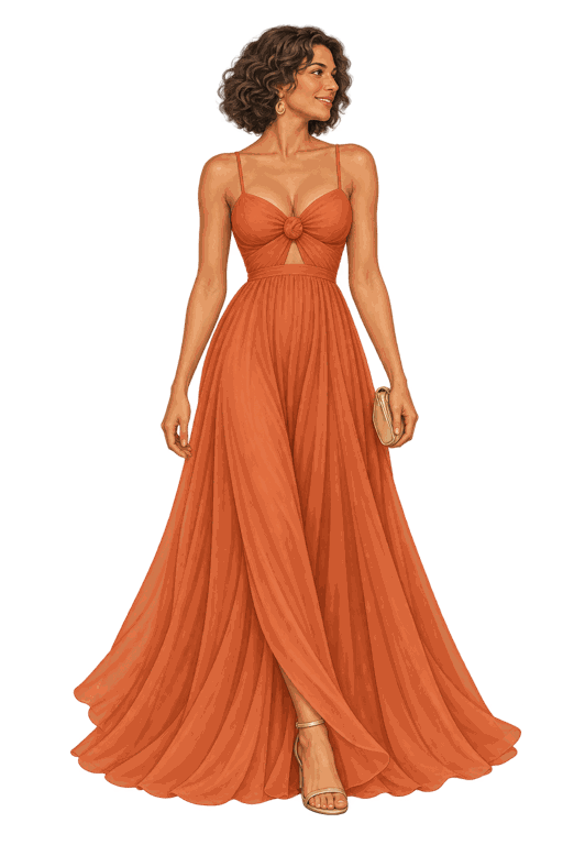 Vestido terracota con diseño drapeado.
