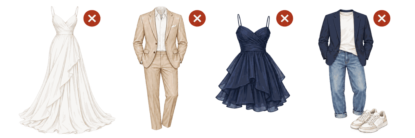 Ejemplos a evitar: vestido blanco, traje beige, vestido corto y camiseta con blazer, jeans y tenis.