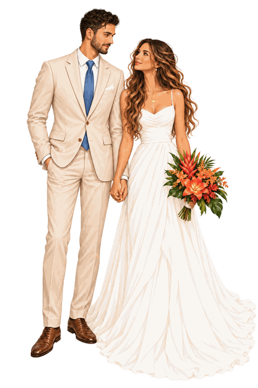 Novios ilustrados: vestido blanco largo y traje champagne con corbata azul.